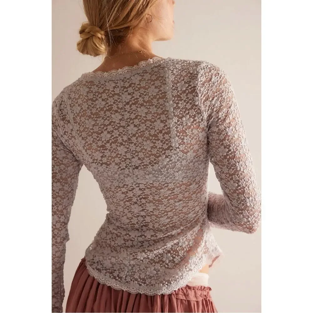 Free People Dainty Ethereal Cottage Lara Lace Top Light Lilac Ash Size Small NEW